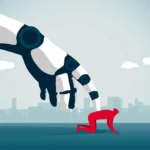 Large robotic hand reaching towards a red human figure on all fours, city skyline and clouds in the background.