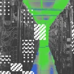 Data center aisle with server racks, cables, and digital glitch effects in green and blue tones