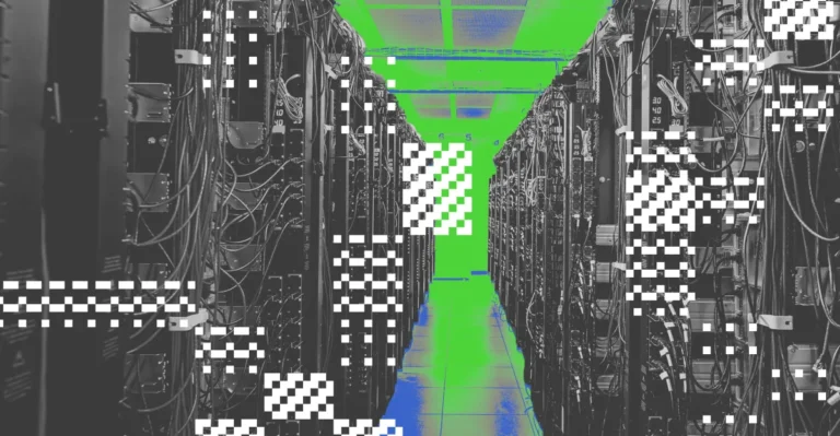 Data center aisle with server racks, cables, and digital glitch effects in green and blue tones