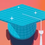 Person wearing a digital grid-patterned graduation cap with sparkles on an orange background.