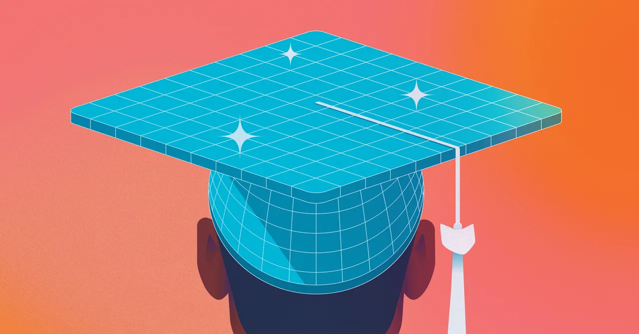 Person wearing a digital grid-patterned graduation cap with sparkles on an orange background.