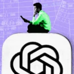Person in green shirt sitting on a large chatbot logo, background with calendar dates on a purple grid.