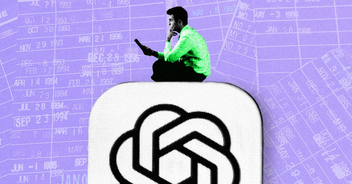 Person in green shirt sitting on a large chatbot logo, background with calendar dates on a purple grid.
