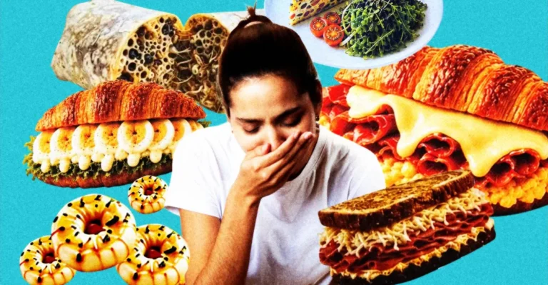 Woman covering mouth surrounded by surreal, textured food items including sandwiches, pastries, and a salad on a blue back...