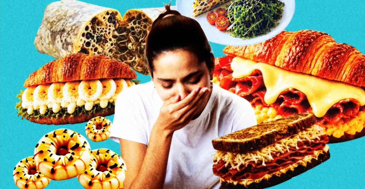 Woman covering mouth surrounded by surreal, textured food items including sandwiches, pastries, and a salad on a blue back...