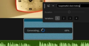 Adobe Premiere interface showing "suspenseful clock ticking" generation at 68%, with waveform and clock visible.