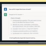 Laptop screen displaying AI interface with text about AI's impact on the future of work, showing a chain of thought process.