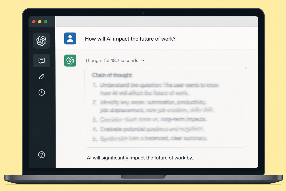 Laptop screen displaying AI interface with text about AI's impact on the future of work, showing a chain of thought process.
