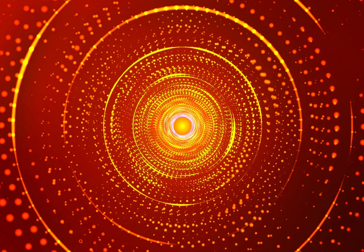 Glowing concentric circles of yellow dots on a red background, forming a tunnel-like pattern with a bright center.