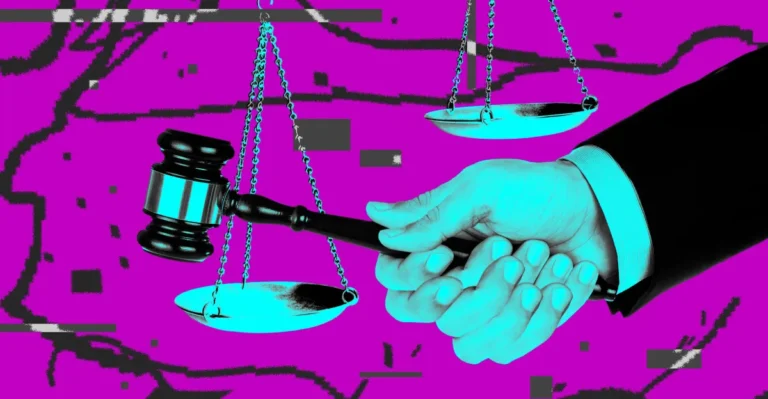 Hand holding a gavel and scales of justice against a glitchy, pink digital background.