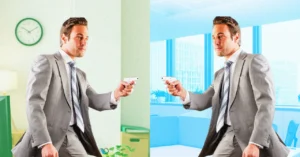 Man in a suit holding a small device, standing in an office setting split into green and blue tones.