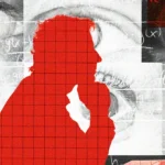 Red silhouette of a person thinking, overlaid with large eyes and mathematical formulas, grid pattern in background.