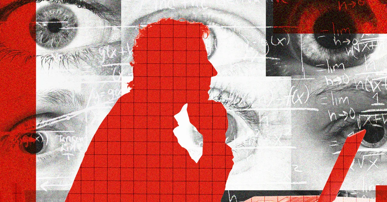 Red silhouette of a person thinking, overlaid with large eyes and mathematical formulas, grid pattern in background.