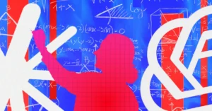 Silhouette of a person writing on a chalkboard filled with mathematical equations, with abstract shapes and vibrant colors.