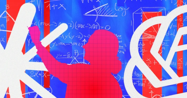 Silhouette of a person writing on a chalkboard filled with mathematical equations, with abstract shapes and vibrant colors.