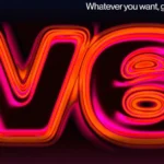 Colorful neon v6 logo with swirling pink and orange effects, Suno branding, and text "Whatever you want, get it done with v6.