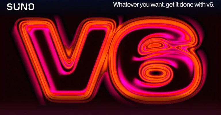 Colorful neon v6 logo with swirling pink and orange effects, Suno branding, and text "Whatever you want, get it done with v6.