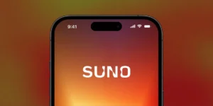 Smartphone screen displaying the word "Suno" with a gradient background and icons showing time, signal, and battery status.