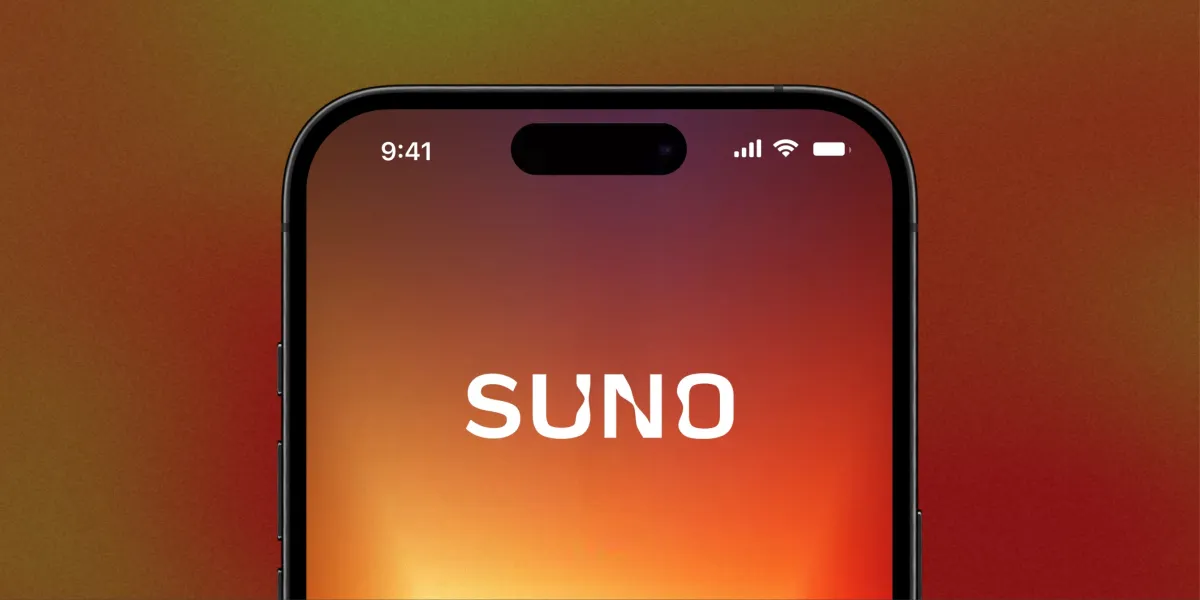 Smartphone screen displaying the word "Suno" with a gradient background and icons showing time, signal, and battery status.