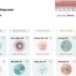 Interface displaying musical palettes for "Lo-fi Hip Hop.wav" with BPM 87, key Bb; options include Lounge-09 and Jazz Nigh...