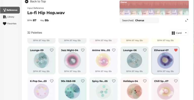 Interface displaying musical palettes for "Lo-fi Hip Hop.wav" with BPM 87, key Bb; options include Lounge-09 and Jazz Nigh...