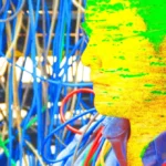 Person holding an ethernet cable, surrounded by a tangle of colorful wires, with a distorted, colorful filter effect.