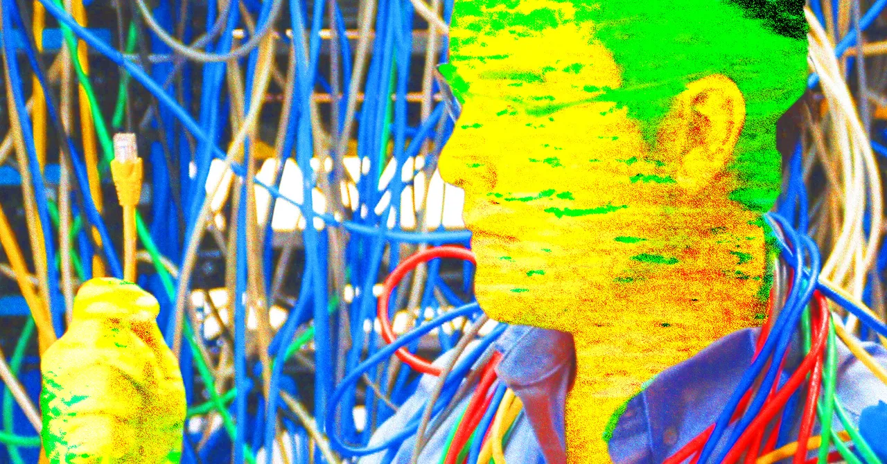 Person holding an ethernet cable, surrounded by a tangle of colorful wires, with a distorted, colorful filter effect.