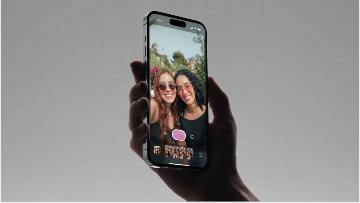 Hand holding a smartphone displaying a selfie of two smiling people with sunglasses, camera app interface visible