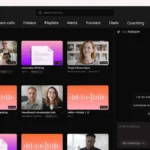 Fathom app interface showing video call thumbnails, meeting details, and chat suggestions on a dark-themed dashboard.