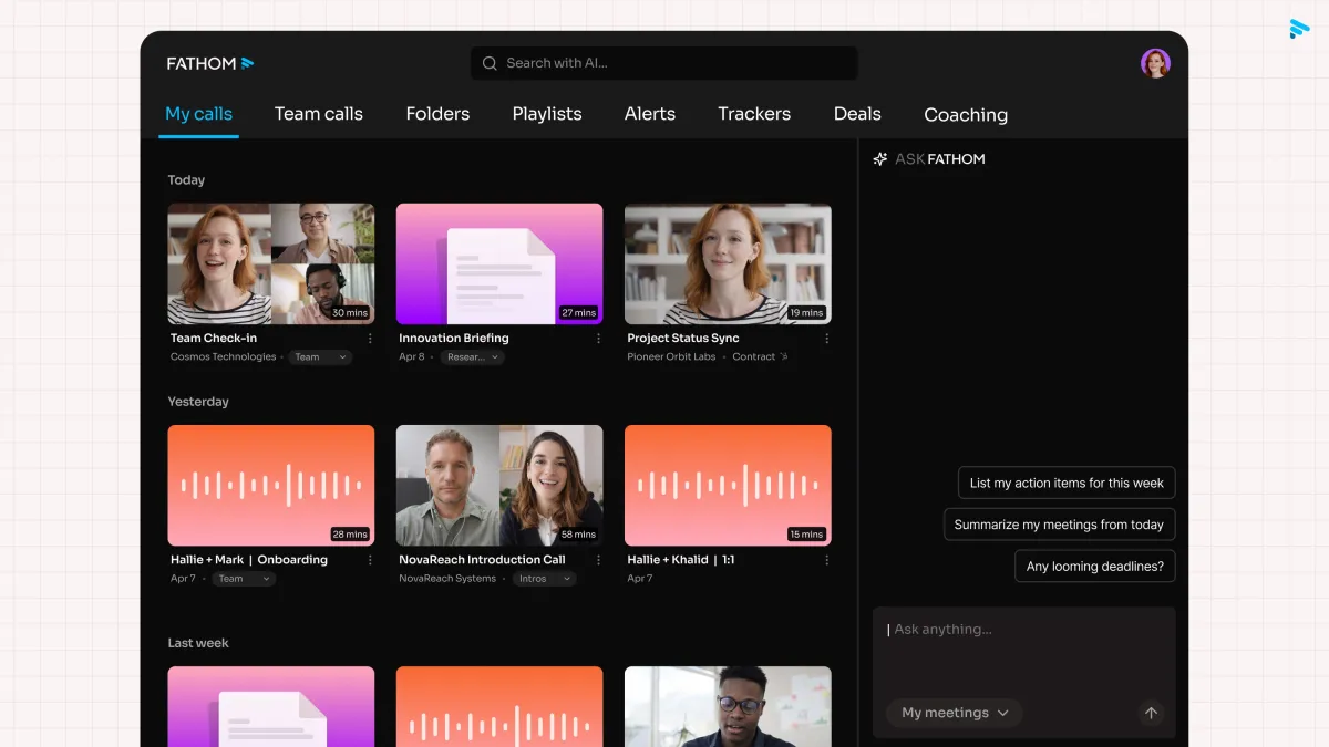 Fathom app interface showing video call thumbnails, meeting details, and chat suggestions on a dark-themed dashboard.