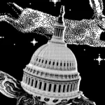 The U.S. Capitol dome atop a turtle, with a pixelated rabbit leaping above against a starry black background.