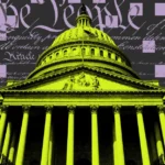 U.S. Capitol building in yellow with "We the People" and Constitution text in background, purple squares overlay.