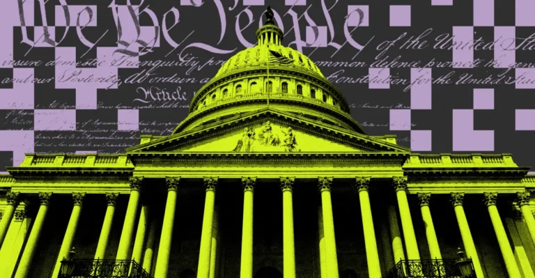 U.S. Capitol building in yellow with "We the People" and Constitution text in background, purple squares overlay.