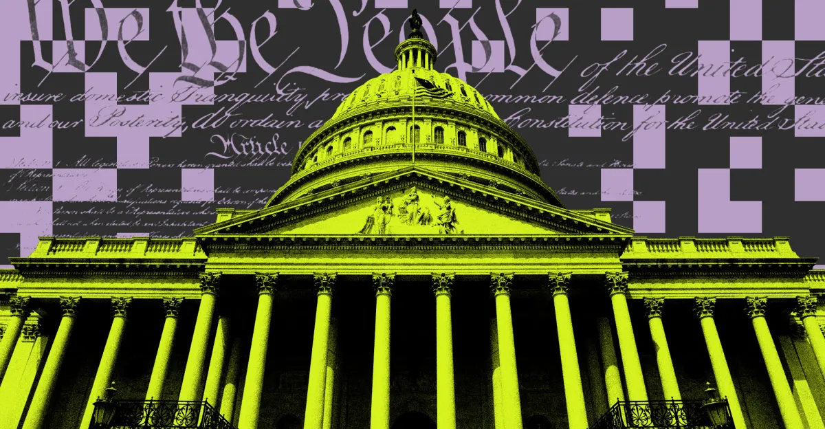 U.S. Capitol building in yellow with "We the People" and Constitution text in background, purple squares overlay.