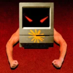 Retro computer with muscular arms, red eyes on screen, against red dotted background.