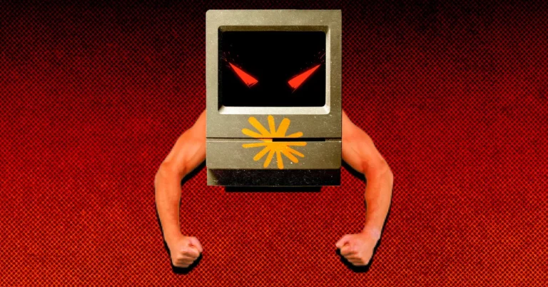 Retro computer with muscular arms, red eyes on screen, against red dotted background.