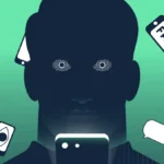 Silhouette of a person staring at a phone, surrounded by icons of phones, messages, and a "fake" label, on green background.
