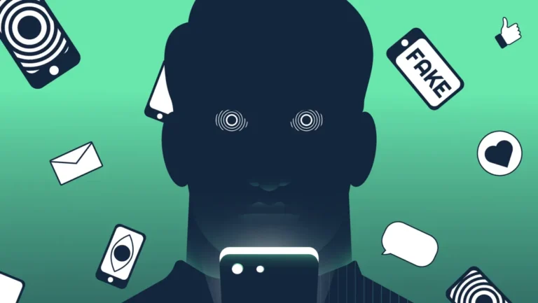 Silhouette of a person staring at a phone, surrounded by icons of phones, messages, and a "fake" label, on green background.