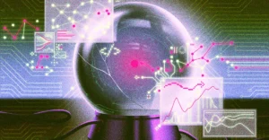Futuristic crystal ball surrounded by digital graphs, circuit lines, and data points in vibrant neon colors