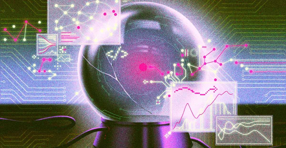 Futuristic crystal ball surrounded by digital graphs, circuit lines, and data points in vibrant neon colors