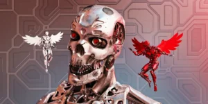 Metallic humanoid robot with red eyes, flanked by winged white and red robots, set against a geometric background.