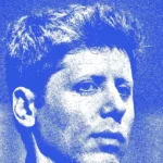 Stylized blue and green halftone portrait of a person with short hair, looking to the side.