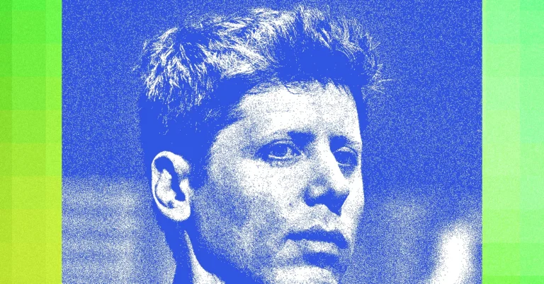 Stylized blue and green halftone portrait of a person with short hair, looking to the side.