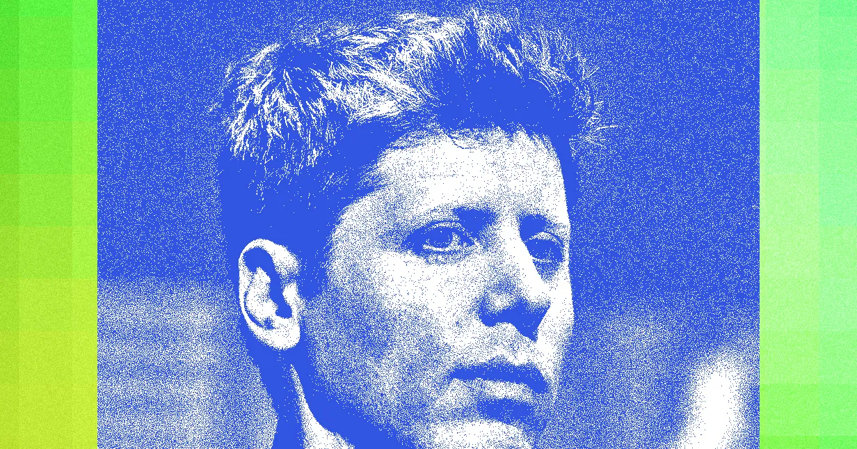 Stylized blue and green halftone portrait of a person with short hair, looking to the side.