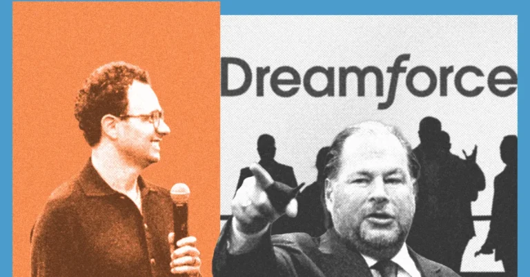 Two men speaking at Dreamforce event, one holding a microphone, with silhouettes and Dreamforce logo in the background.