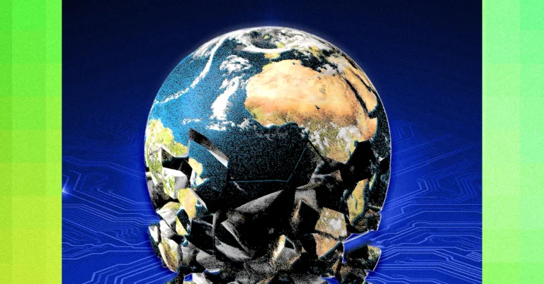 Earth depicted as a shattered globe with digital circuit patterns in the background, green border on sides