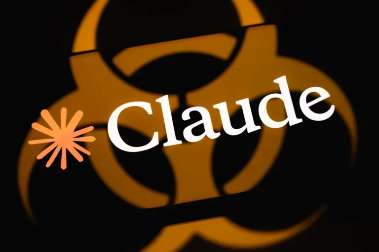 The word "Claude" with an orange starburst symbol on a dark background featuring a yellow biohazard symbol.