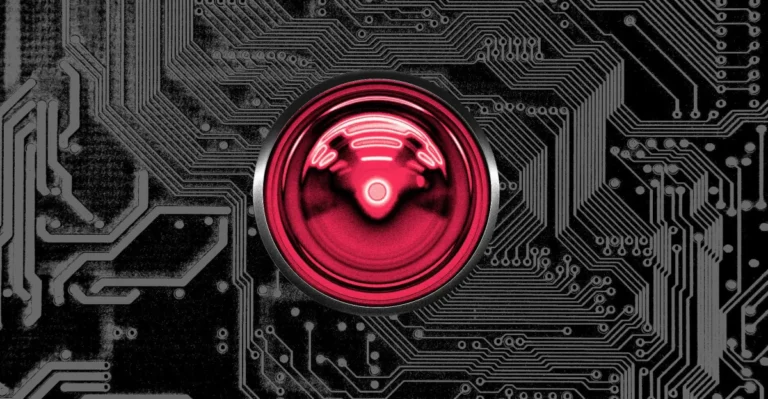 Red circular lens on a black circuit board background, resembling a digital eye, symbolizing artificial intelligence.