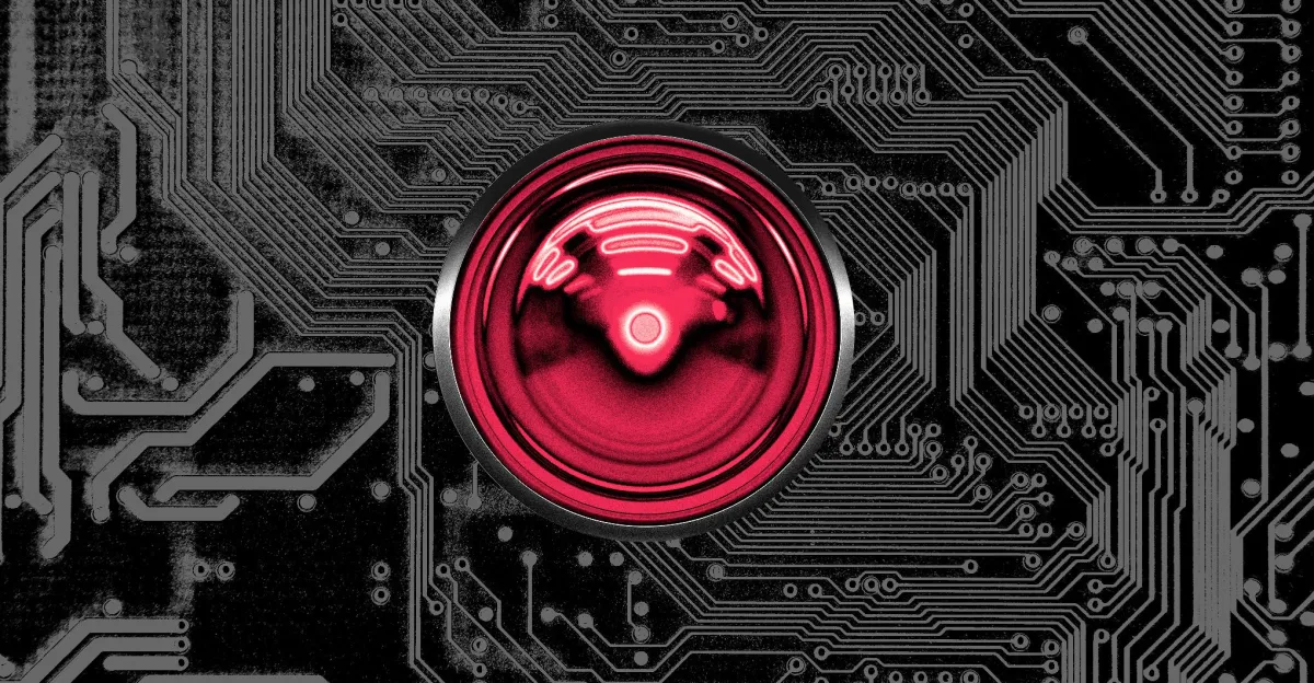 Red circular lens on a black circuit board background, resembling a digital eye, symbolizing artificial intelligence.