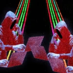 Four hooded figures at laptops with colorful beams emanating from the screens, set against a dark background.